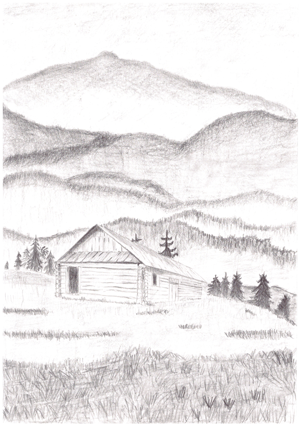 Pencil drawing. Mountain landscape